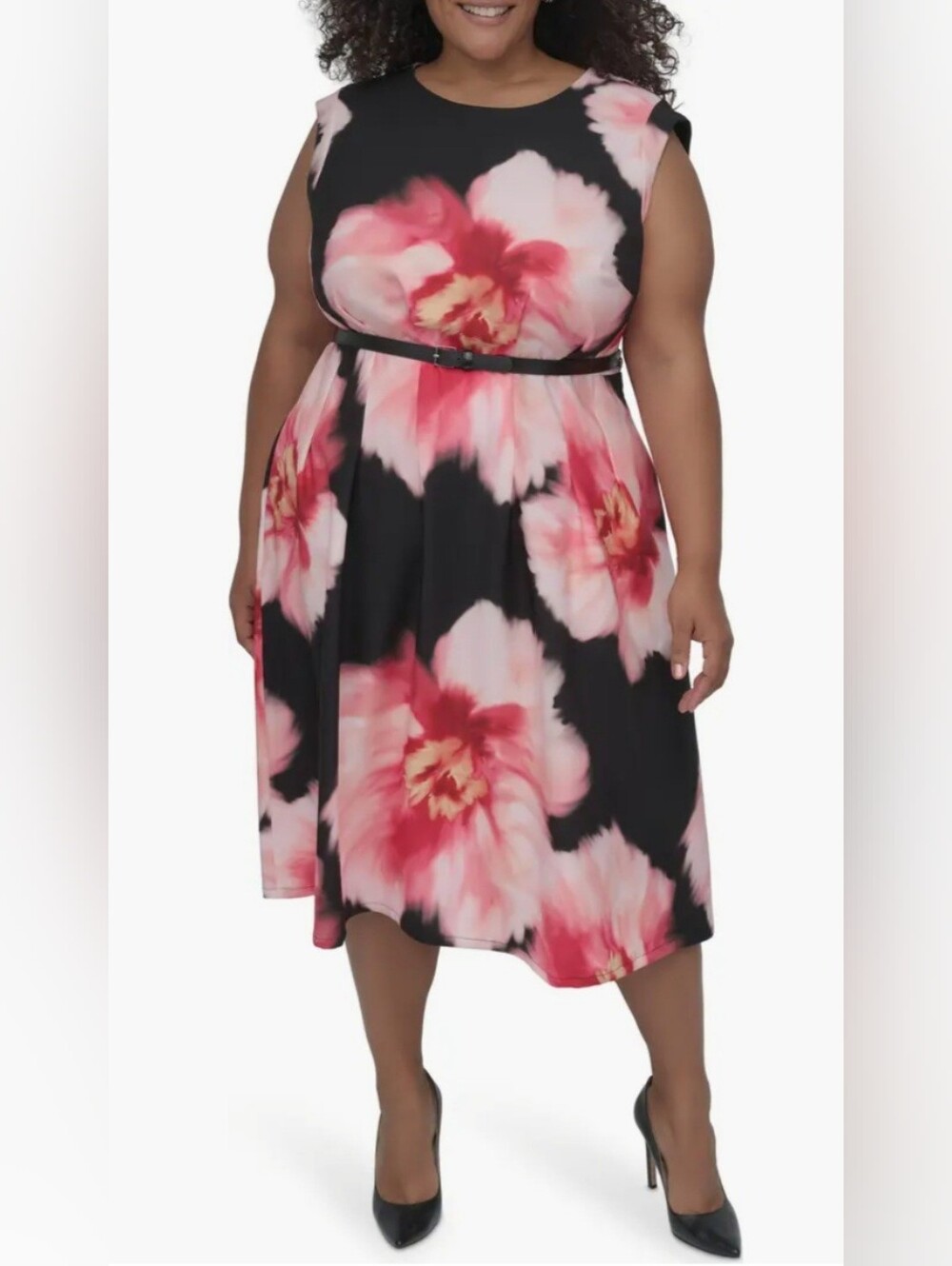NWT DKNY Women's Black Floral Belted Fit And Flare Midi Dress Size 14W